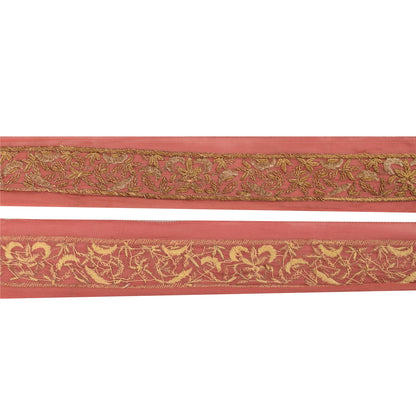 SANSKRITI VINTAGE SARI BORDER HAND BEADED CRAFT 1YD TRIMS SEQUINS LACE 1 YD PINK