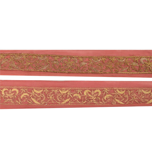 SANSKRITI VINTAGE SARI BORDER HAND BEADED CRAFT 1YD TRIMS SEQUINS LACE 1 YD PINK