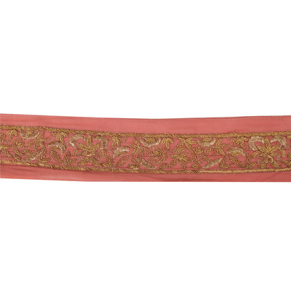 SANSKRITI VINTAGE SARI BORDER HAND BEADED CRAFT 1YD TRIMS SEQUINS LACE 1 YD PINK