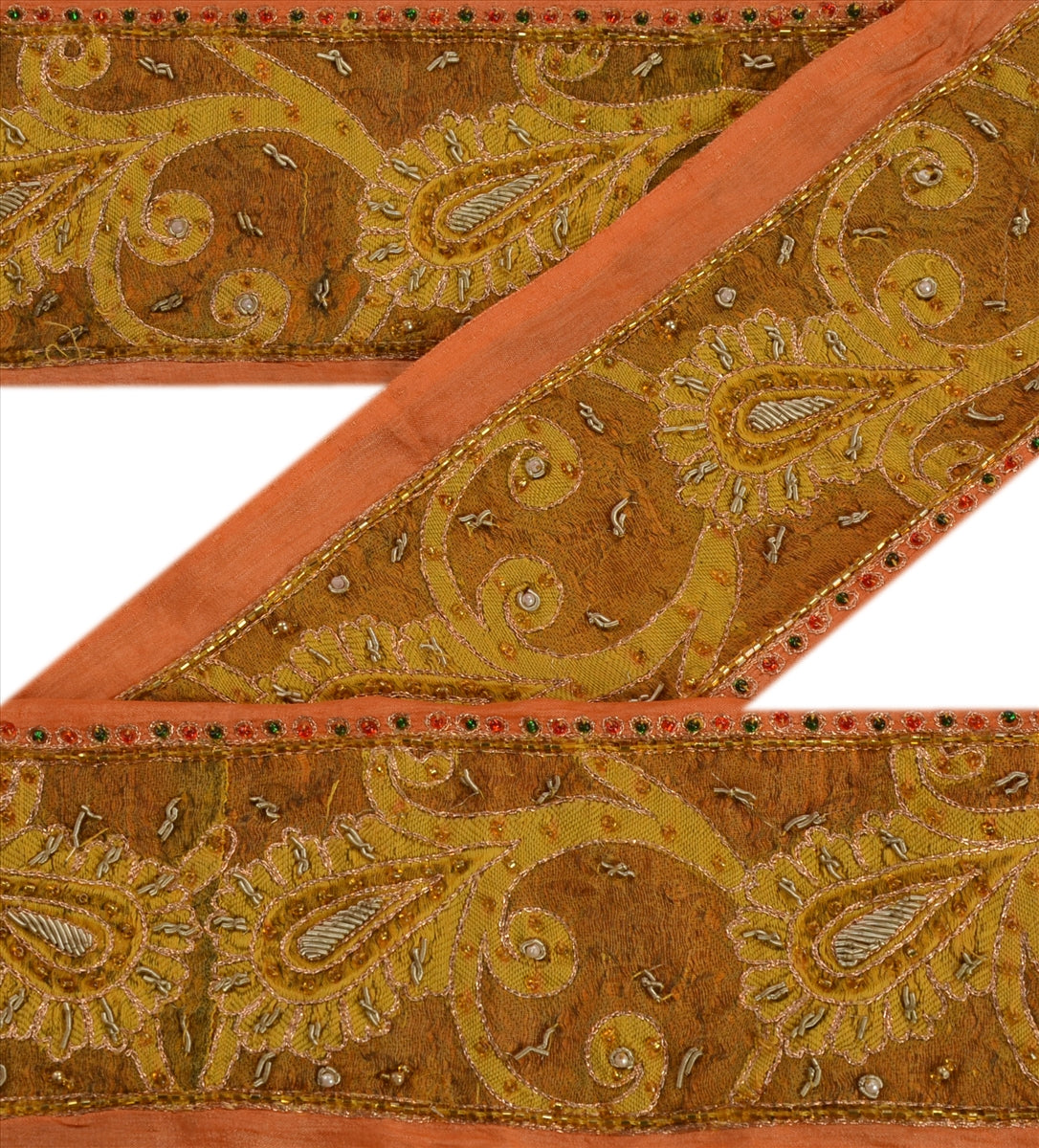 Sanskriti Vintage Sari Border Hand Beaded Woven Craft Trims Lace 1YD Pure Silk