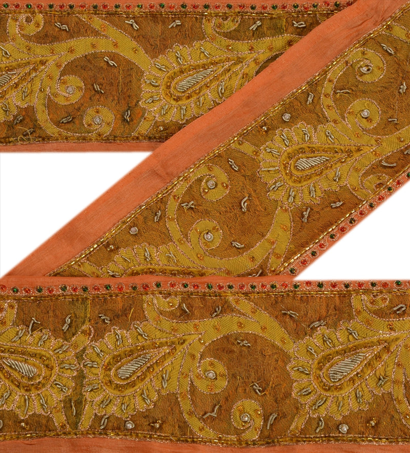 Sanskriti Vintage Saree Border Peach Pure Silk Hand Beaded Zari Zardozi Woven Craft Sarees Trims Lace 1Yd Pure Silk 3W Sari Ribbon