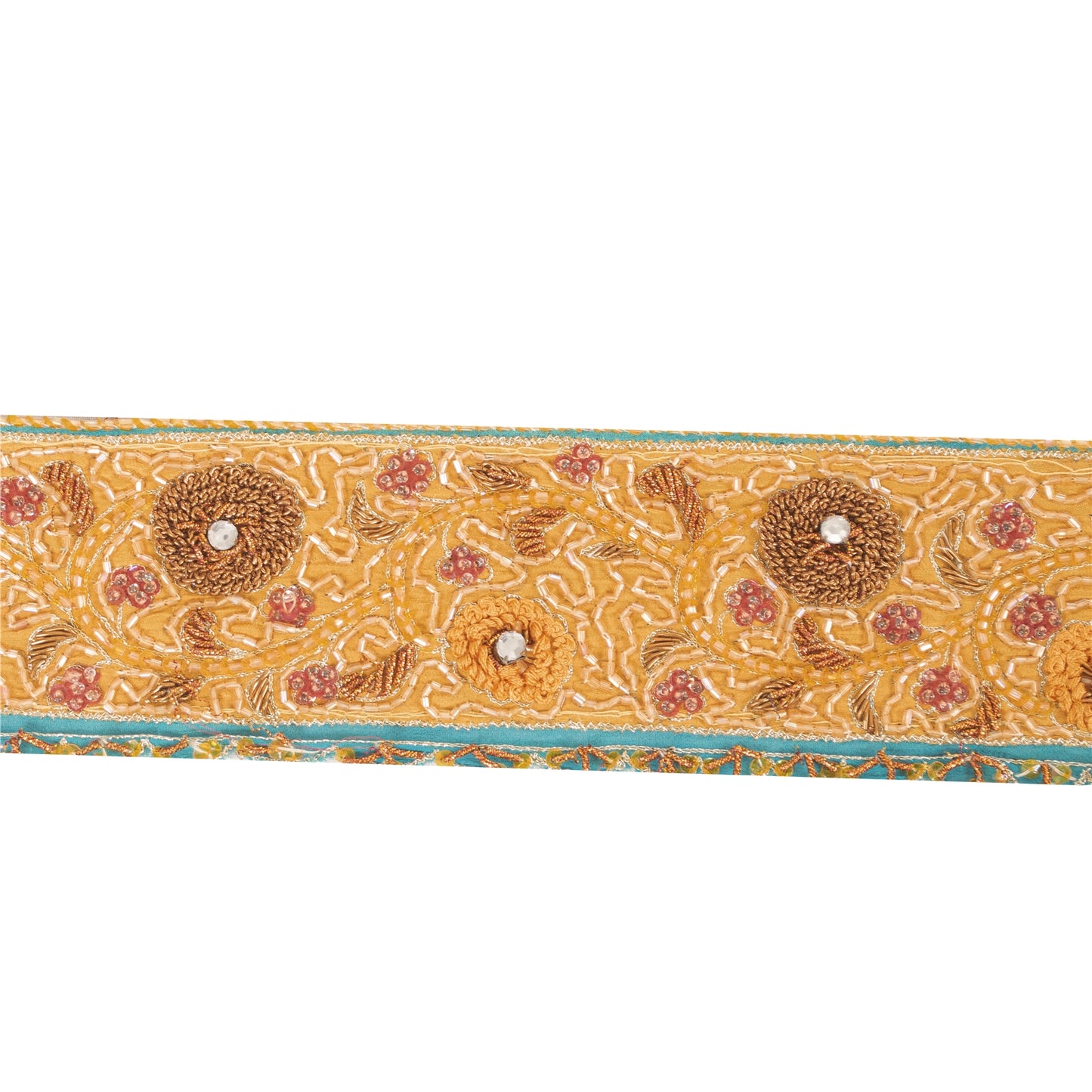 Sanskriti Vintage Saree Border Trim Hand Bead Zardozi 1 Yard Craft Saffron/Blue