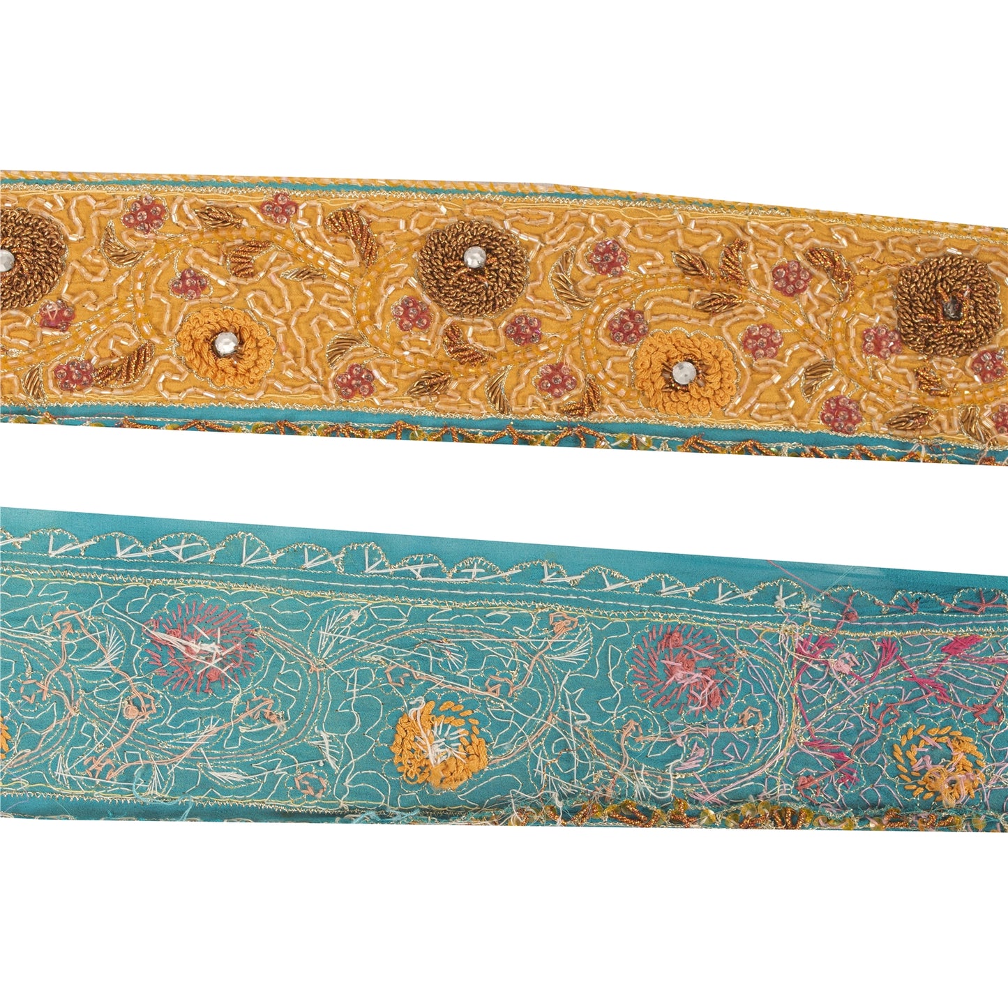 Sanskriti Vintage Saree Border Trim Hand Bead Zardozi 1 Yard Craft Saffron/Blue