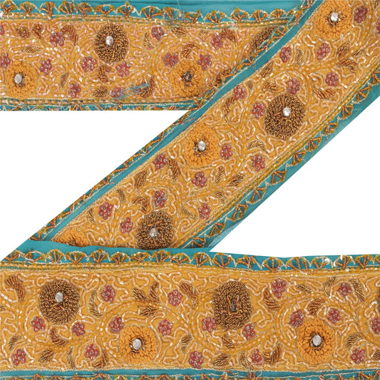 Sanskriti Vintage Saree Border Trim Hand Bead Zardozi 1 Yard Craft Saffron/Blue