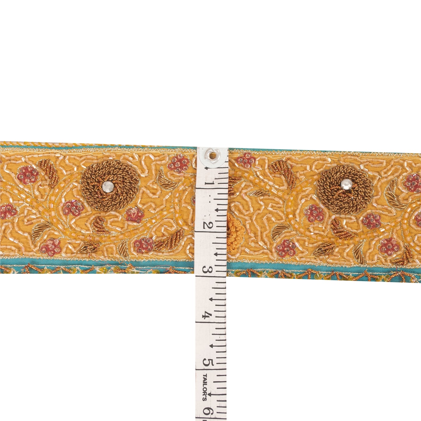 Sanskriti Vintage Saree Border Trim Hand Bead Zardozi 1 Yard Craft Saffron/Blue