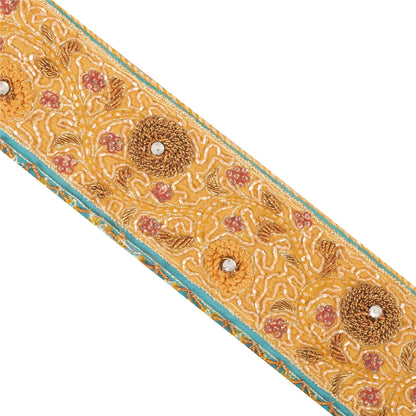 Sanskriti Vintage Saree Border Trim Hand Bead Zardozi 1 Yard Craft Saffron/Blue