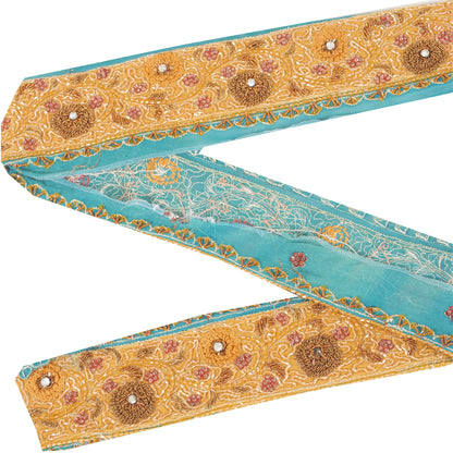 Sanskriti Vintage Saree Border Trim Hand Bead Zardozi 1 Yard Craft Saffron/Blue