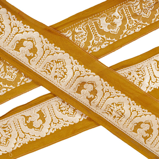 Sanskriti Vintage 1 YD 3.1"W Sari Border Saffron Pure Silk Woven Trim Craft Lace