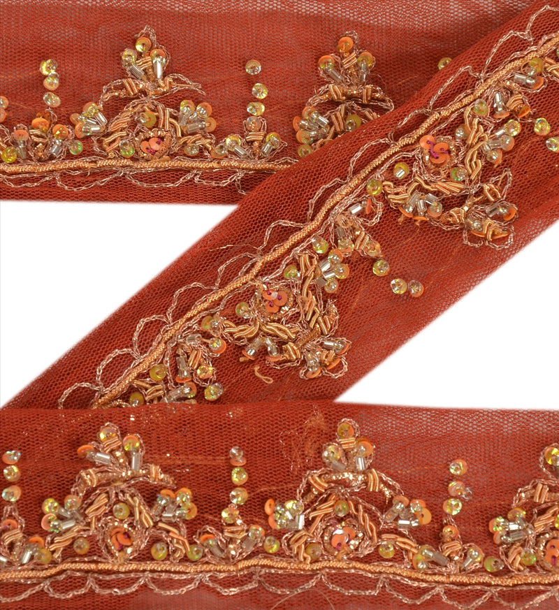 Sanskriti Vintage Saree/Sarees 1Yd Sari Border Orange Net Mesh Hand Beaded Craft Decor Trims Zari 2W Zardozi Lace upholstery fabric