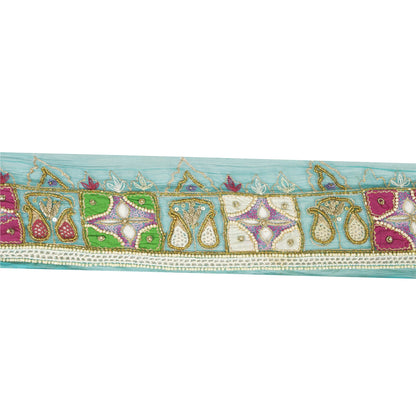 Sanskriti Vintage Sari Border Hand Beaded Zardozi Craft 1YD Green Trims Lace