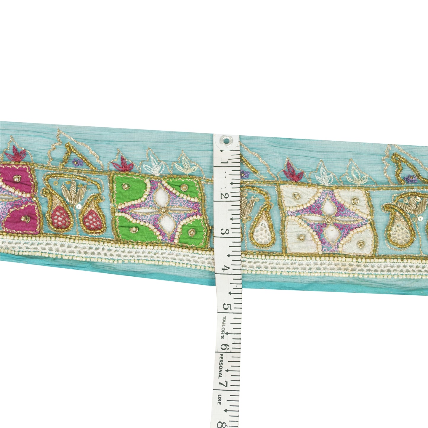Sanskriti Vintage Sari Border Hand Beaded Zardozi Craft 1YD Green Trims Lace