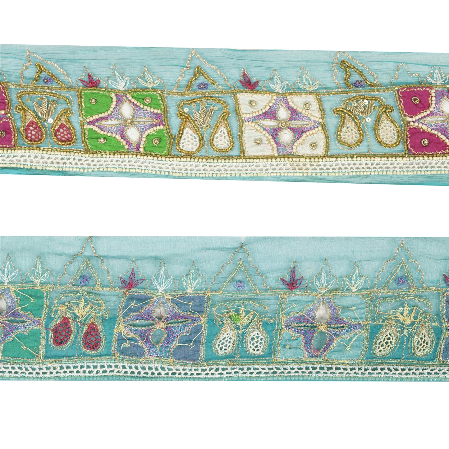 Sanskriti Vintage Sari Border Hand Beaded Zardozi Craft 1YD Green Trims Lace