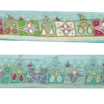 Sanskriti Vintage Sari Border Hand Beaded Zardozi Craft 1YD Green Trims Lace