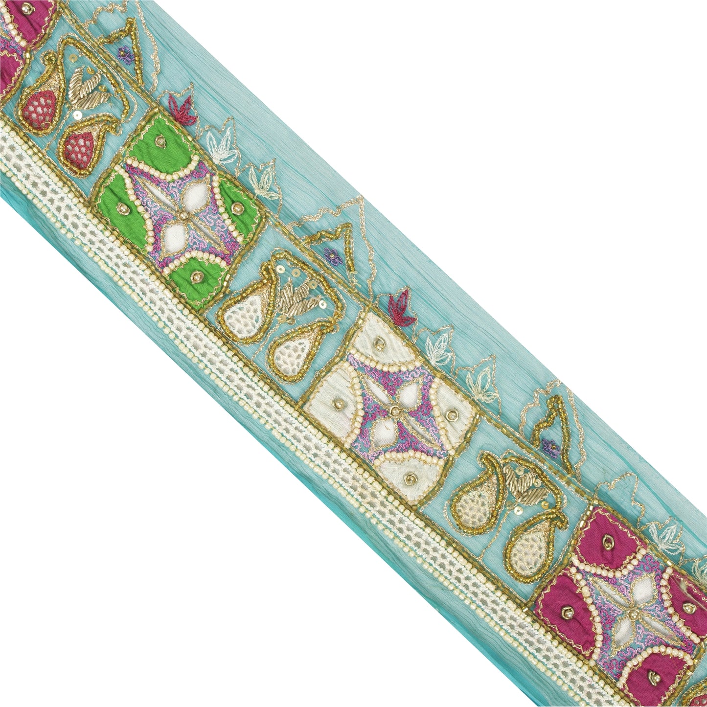 Sanskriti Vintage Sari Border Hand Beaded Zardozi Craft 1YD Green Trims Lace