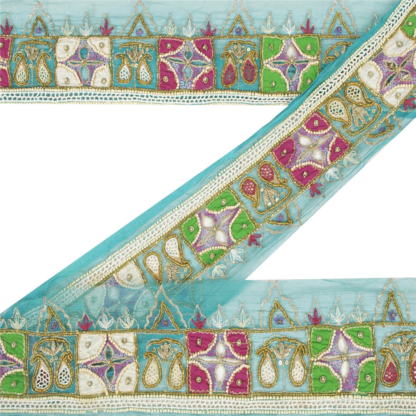 Sanskriti Vintage Sari Border Hand Beaded Zardozi Craft 1YD Green Trims Lace