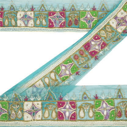 Sanskriti Vintage Sari Border Hand Beaded Zardozi Craft 1YD Green Trims Lace