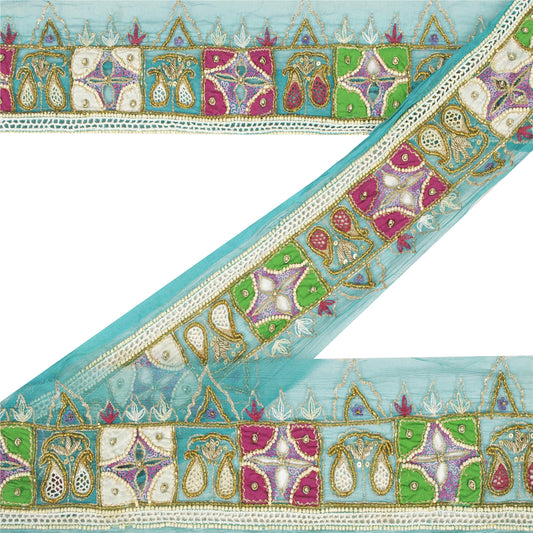 Sanskriti Vintage Sari Border Hand Beaded Zardozi Craft 1YD Green Trims Lace