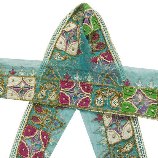 Sanskriti Vintage Sari Border Hand Beaded Zardozi Craft 1YD Green Trims Lace