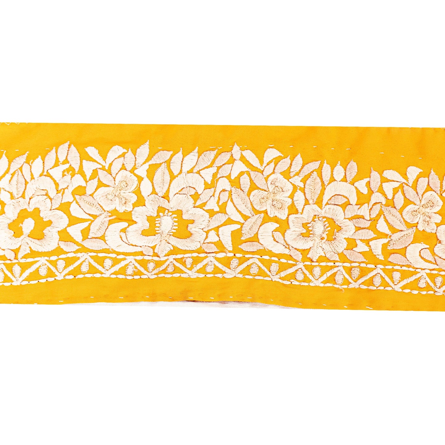 SANSKRITI VINTAGE SARI BORDER EMBROIDERED CRAFT 1YD TRIM FLORAL LACE SAFFRON