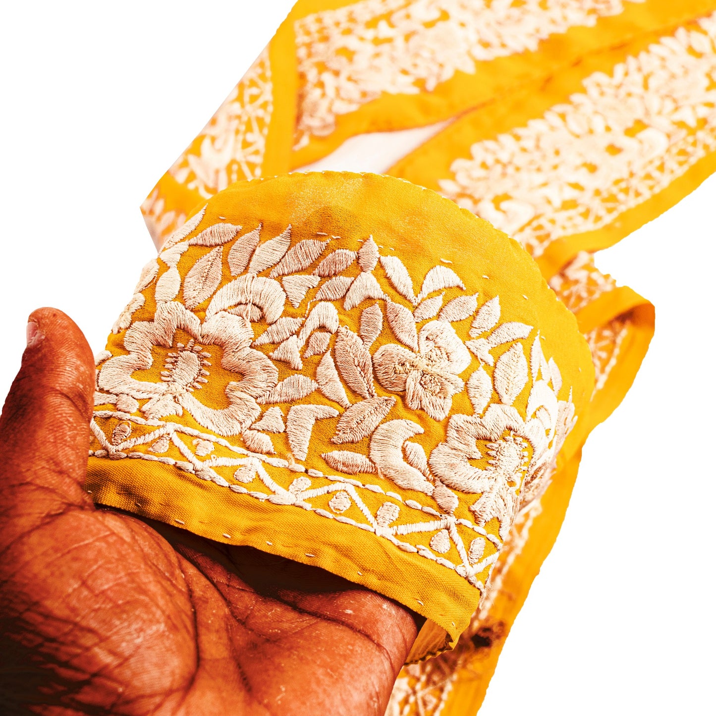 SANSKRITI VINTAGE SARI BORDER EMBROIDERED CRAFT 1YD TRIM FLORAL LACE SAFFRON