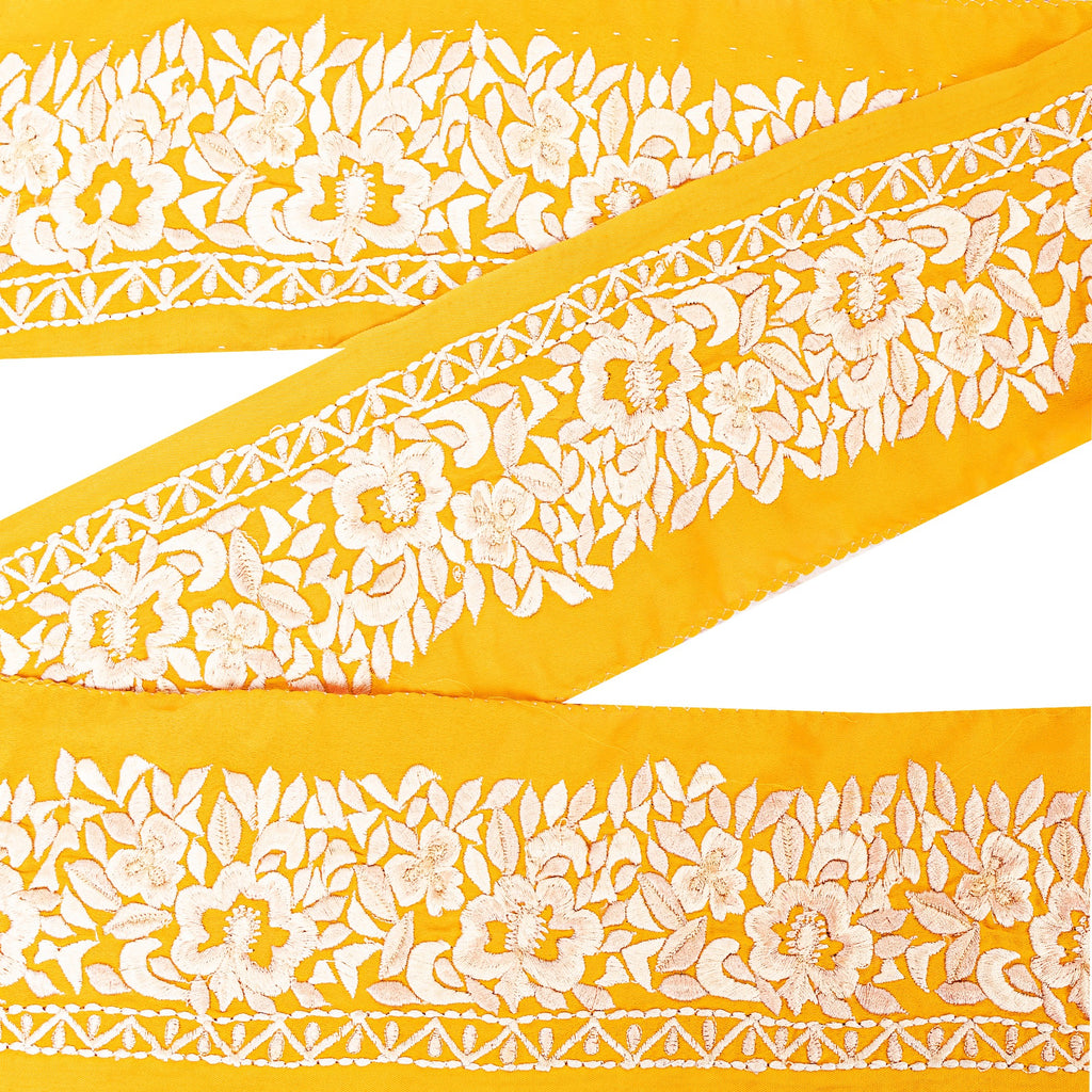 SANSKRITI VINTAGE SARI BORDER EMBROIDERED CRAFT 1YD TRIM FLORAL LACE SAFFRON