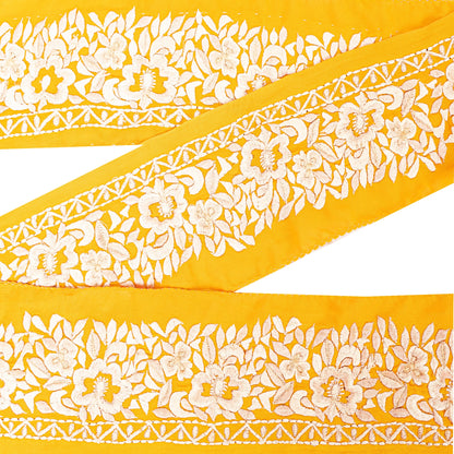 SANSKRITI VINTAGE SARI BORDER EMBROIDERED CRAFT 1YD TRIM FLORAL LACE SAFFRON