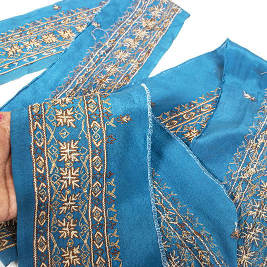 Sanskriti Vintage Blue Silk 1 YD Sari Border Embroidered Craft Trim Ribbon Lace