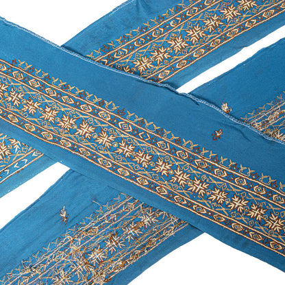 Sanskriti Vintage Blue Silk 1 YD Sari Border Embroidered Craft Trim Ribbon Lace