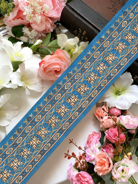 Sanskriti Vintage Blue Silk 1 YD Sari Border Embroidered Craft Trim Ribbon Lace