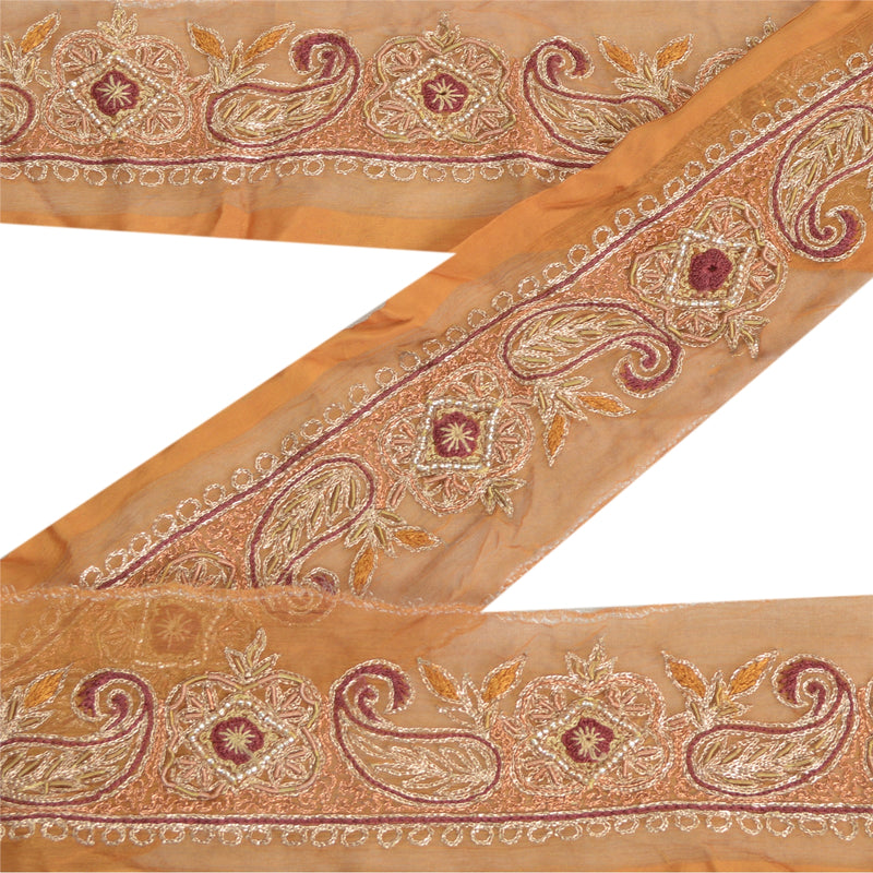Sanskriti Vintage Saree Border Hand Beaded 1Yd Trims Decor Lace 2W Zari Saffron