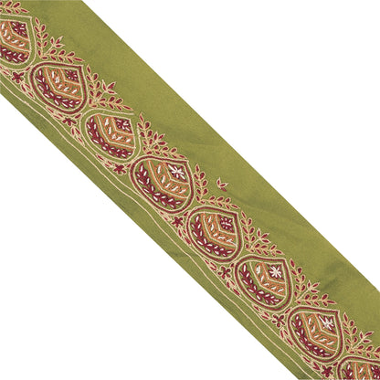 Sanskriti Vintage Sari Border Hand Embroidery 1YD Craft Trim Green Silk Lace 2"W