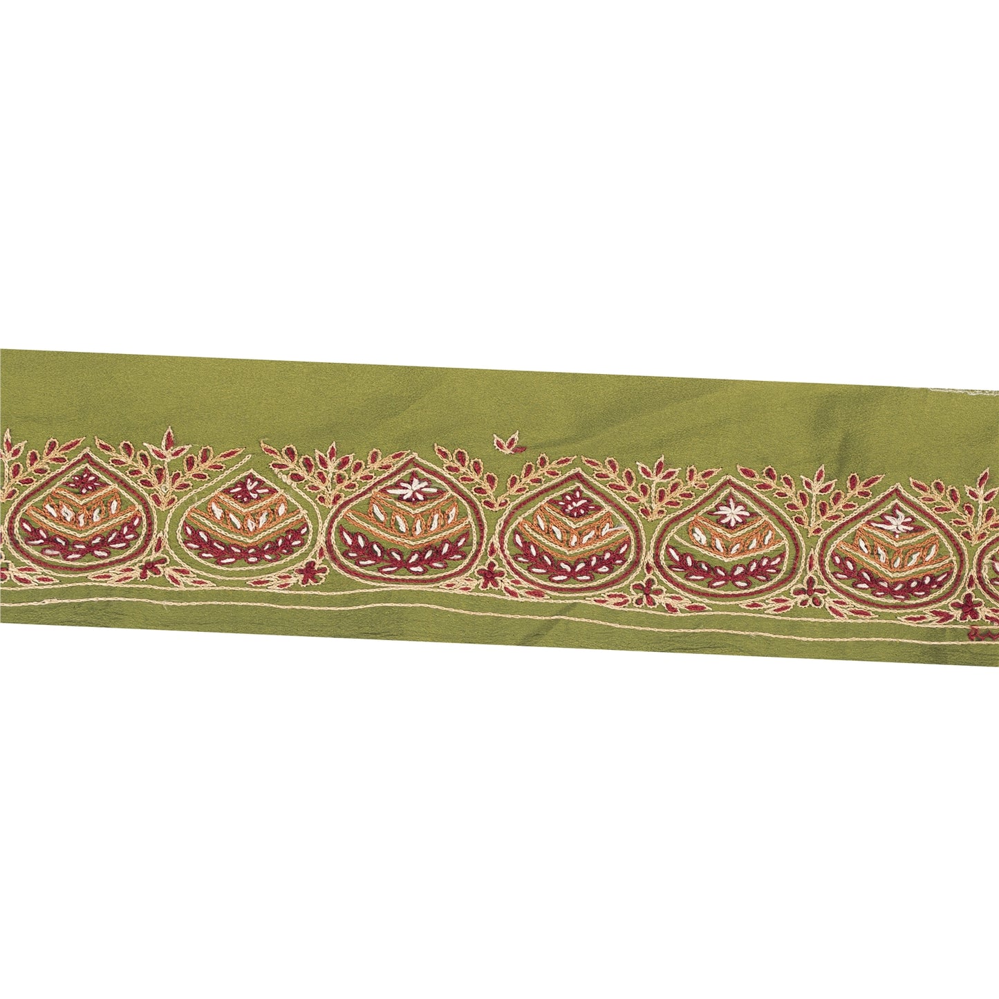 Sanskriti Vintage Sari Border Hand Embroidery 1YD Craft Trim Green Silk Lace 2"W