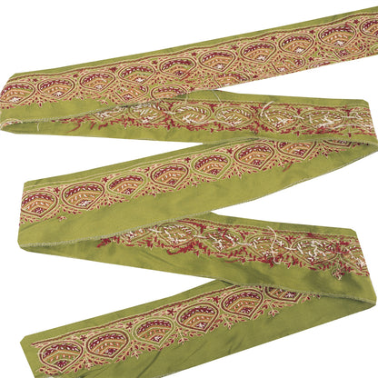 Sanskriti Vintage Sari Border Hand Embroidery 1YD Craft Trim Green Silk Lace 2"W
