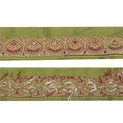 Sanskriti Vintage Sari Border Hand Embroidery 1YD Craft Trim Green Silk Lace 2"W