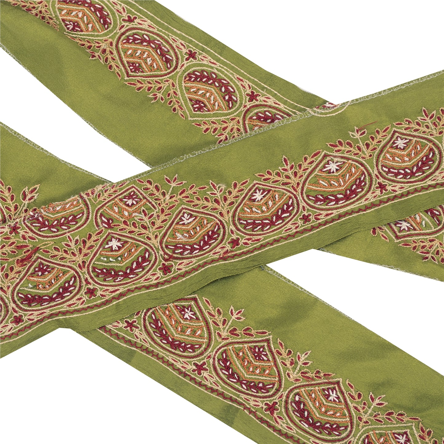 Sanskriti Vintage Sari Border Hand Embroidery 1YD Craft Trim Green Silk Lace 2"W