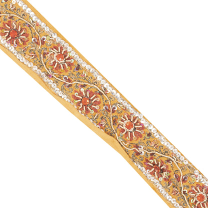 Sanskriti Vintage Sari Border Hand Beaded Zari Woven 1 YD Craft Trim Yellow Lace