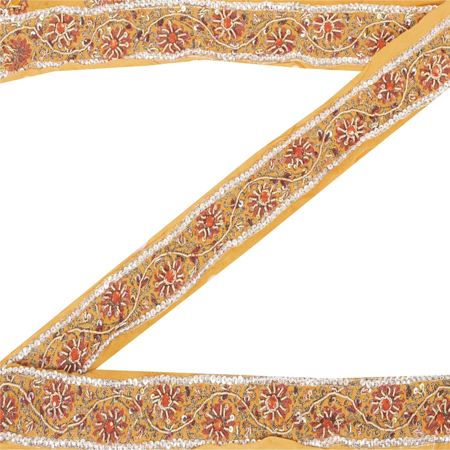Sanskriti Vintage Sari Border Hand Beaded Zari Woven 1 YD Craft Trim Yellow Lace