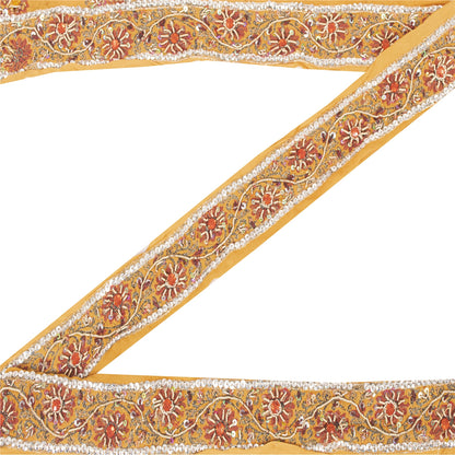 Sanskriti Vintage Sari Border Hand Beaded Zari Woven 1 YD Craft Trim Yellow Lace
