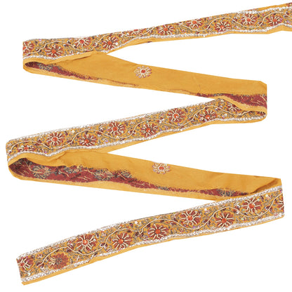 Sanskriti Vintage Sari Border Hand Beaded Zari Woven 1 YD Craft Trim Yellow Lace