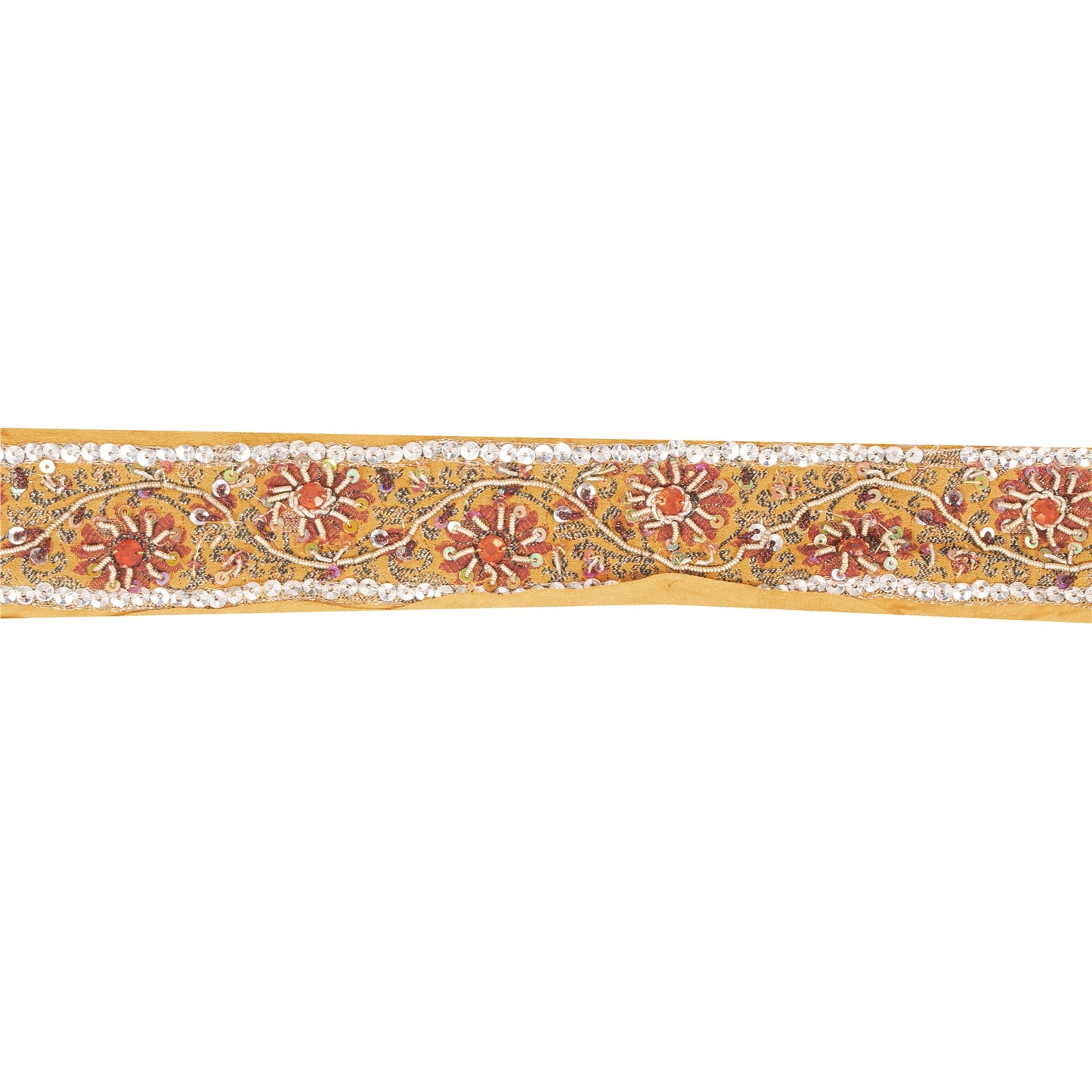 Sanskriti Vintage Sari Border Hand Beaded Zari Woven 1 YD Craft Trim Yellow Lace