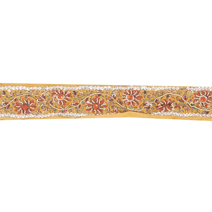 Sanskriti Vintage Sari Border Hand Beaded Zari Woven 1 YD Craft Trim Yellow Lace
