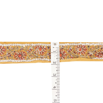 Sanskriti Vintage Sari Border Hand Beaded Zari Woven 1 YD Craft Trim Yellow Lace