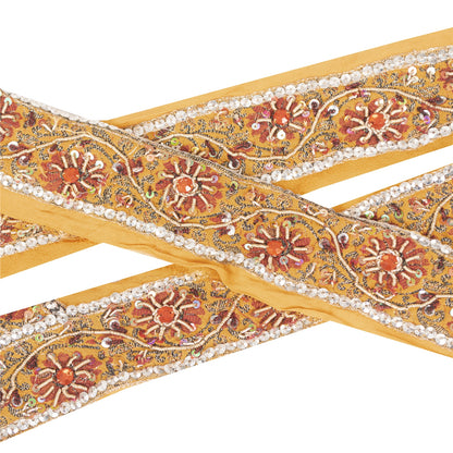 Sanskriti Vintage Sari Border Hand Beaded Zari Woven 1 YD Craft Trim Yellow Lace