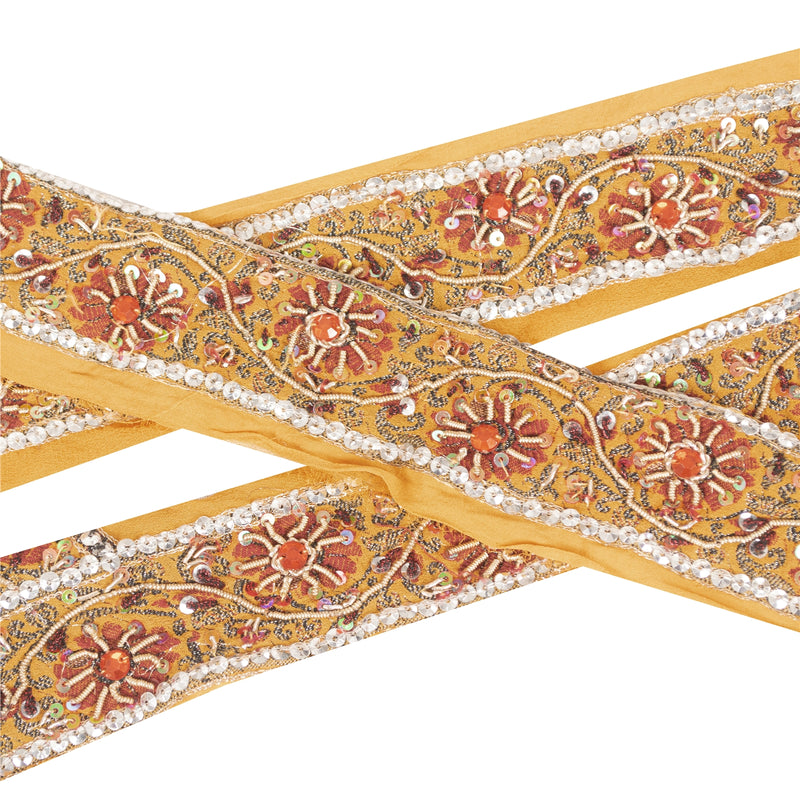 Sanskriti Vintage Sari Border Hand Beaded Zari Woven 1 YD Craft Trim Yellow Lace