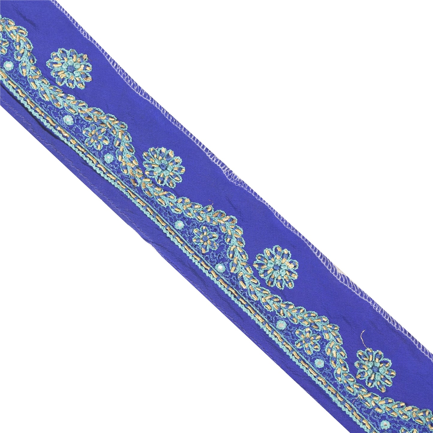 Sanskriti Vintage Sari Border Hand Embroidered Zardozi 1 YD Craft Trim Blue Lace