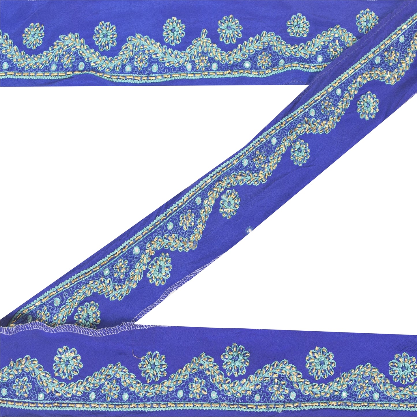 Sanskriti Vintage Sari Border Hand Embroidered Zardozi 1 YD Craft Trim Blue Lace
