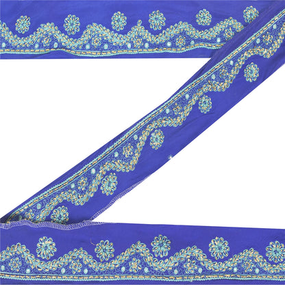 Sanskriti Vintage Sari Border Hand Embroidered Zardozi 1 YD Craft Trim Blue Lace