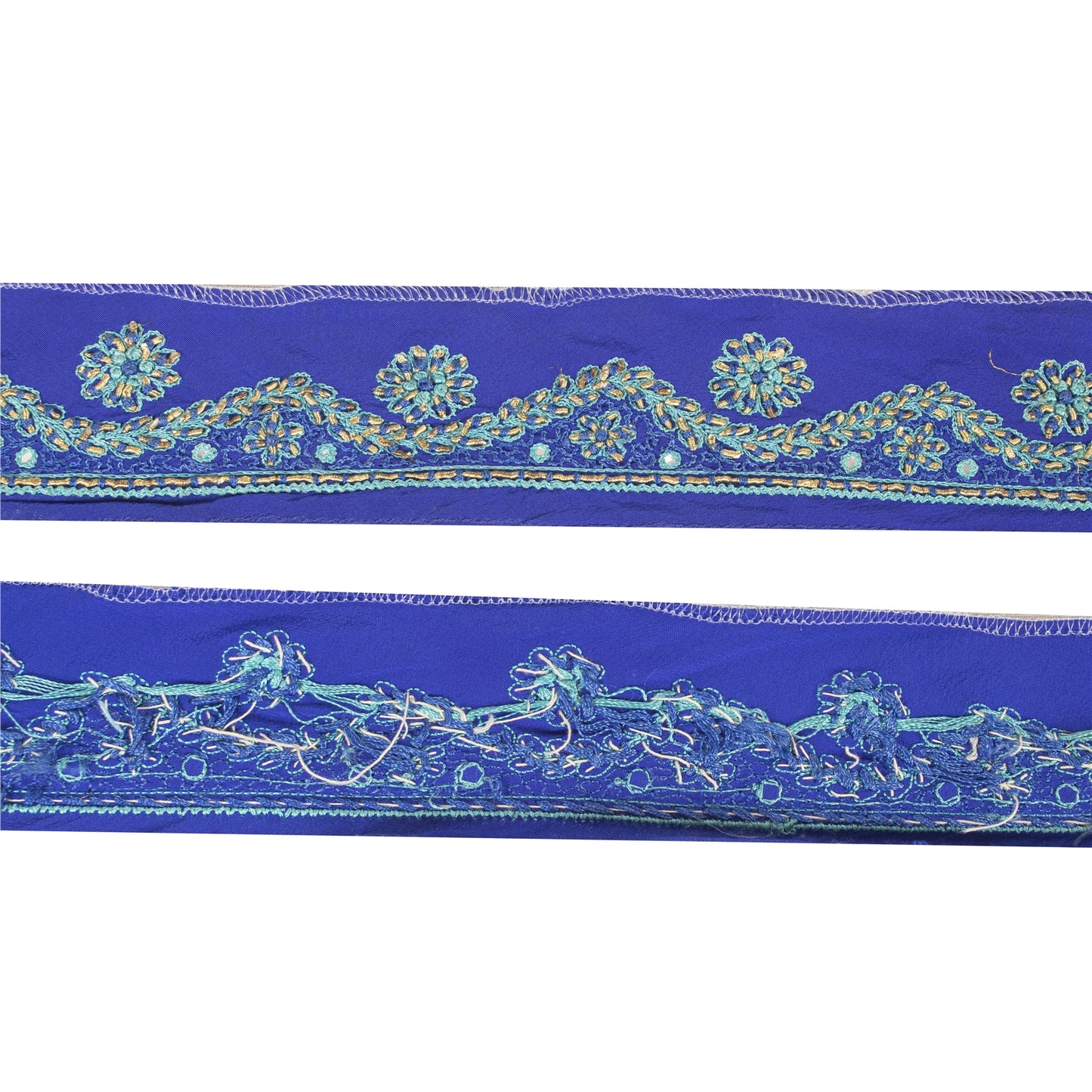 Sanskriti Vintage Sari Border Hand Embroidered Zardozi 1 YD Craft Trim Blue Lace
