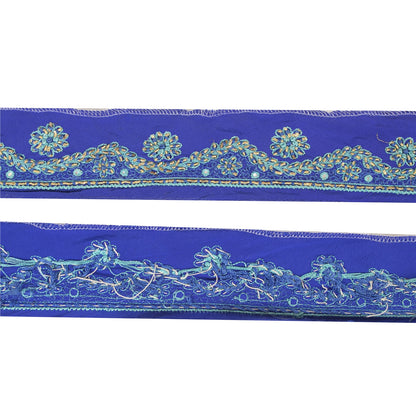 Sanskriti Vintage Sari Border Hand Embroidered Zardozi 1 YD Craft Trim Blue Lace
