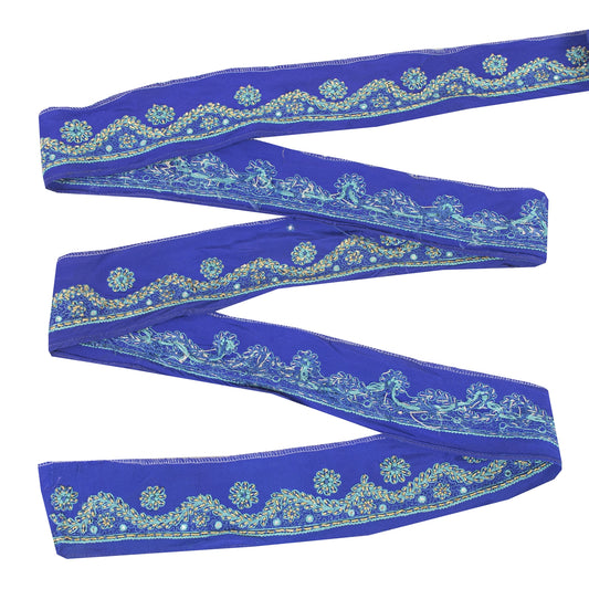 Sanskriti Vintage Sari Border Hand Embroidered Zardozi 1 YD Craft Trim Blue Lace